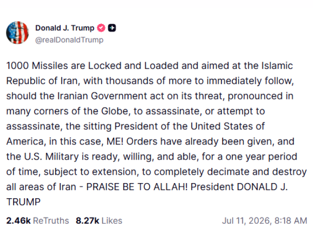 Trump alerta que 1.000 mísseis estão ‘travados e carregados’ se o Irã tentar assassiná-lo
